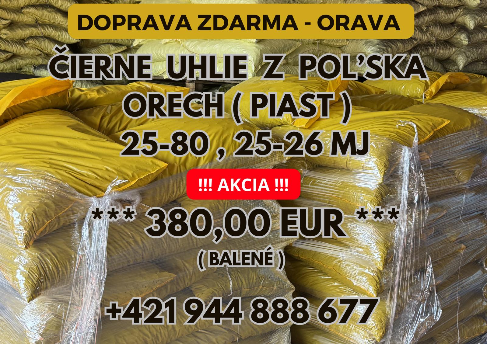 Čierne uhlie ORECH PIAST - žlté vrecia na palete v sklade, 25-80 mm, 25-26 MJ/kg