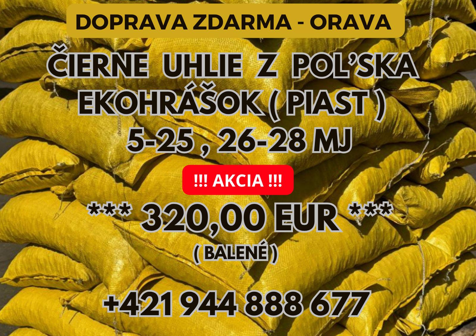 Čierne uhlie EKOHRÁŠOK PIAST - žlté vrecia 25 kg na palete, 5-25 mm, 26-28 MJ/kg, 320 EUR/t